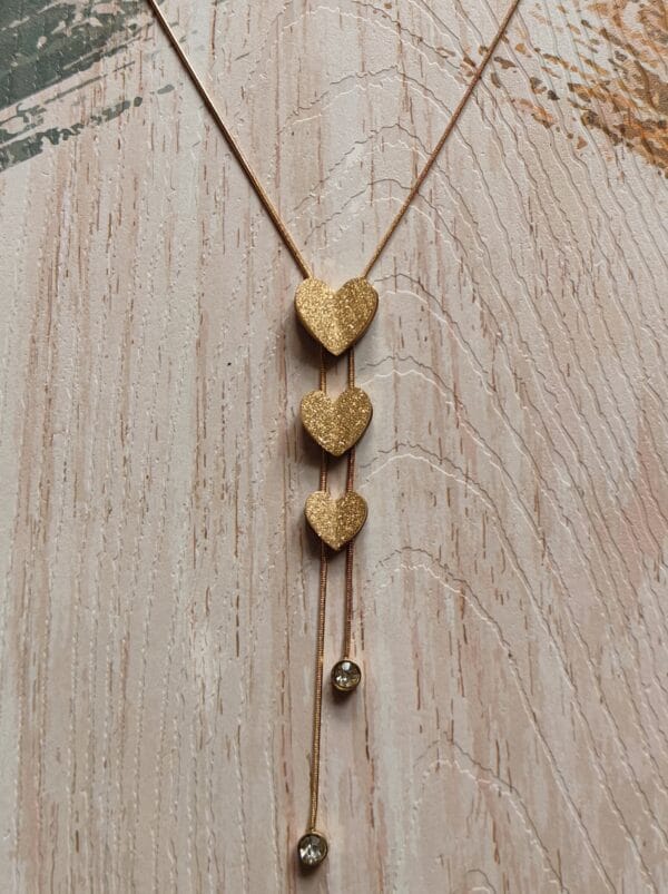 Anti Tarnish Necklace Triple Heart Pendant with Dual Crystal Drops