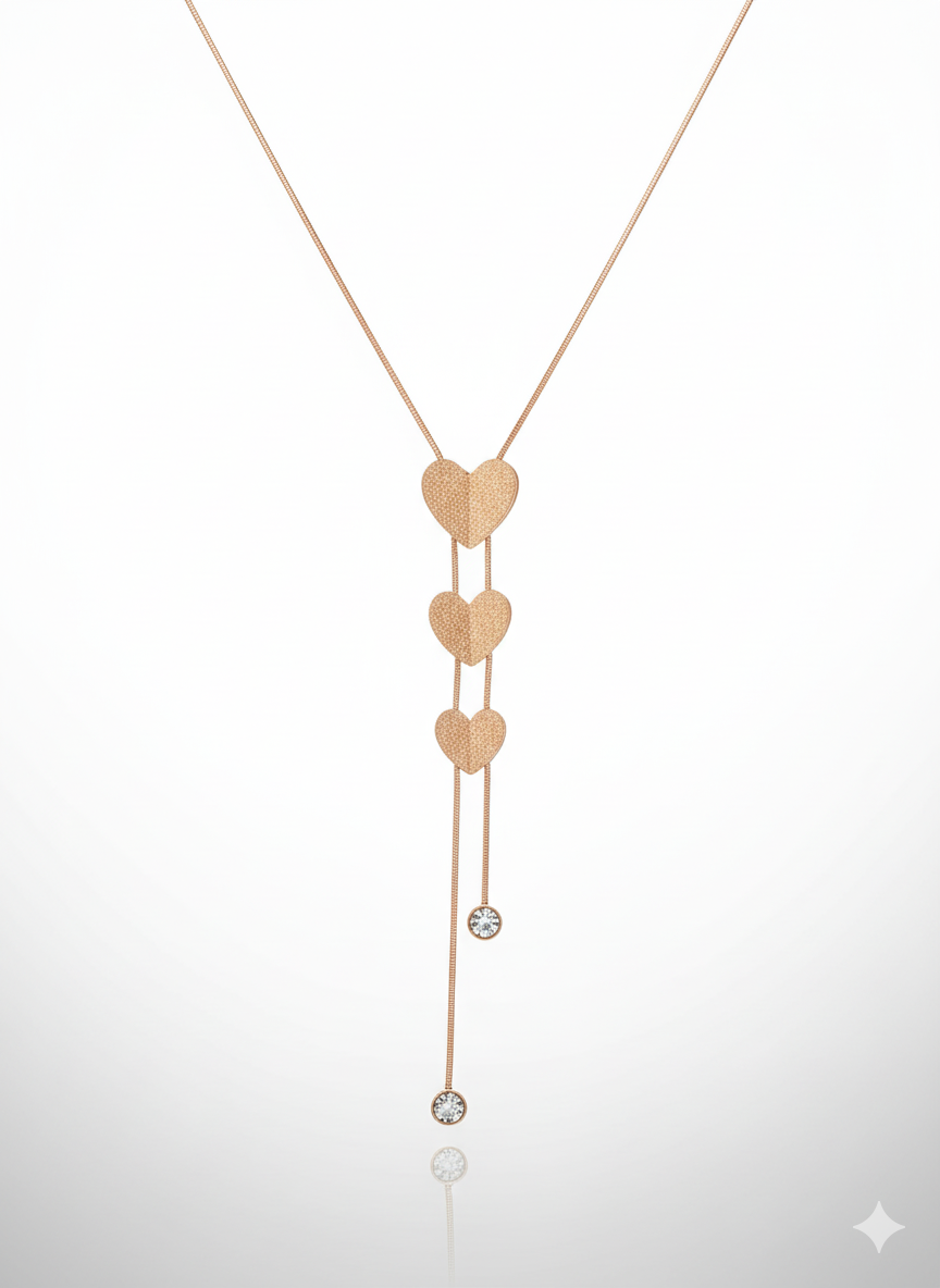 Triple Heart Dual Crystal Drops Anti Tarnish Necklace