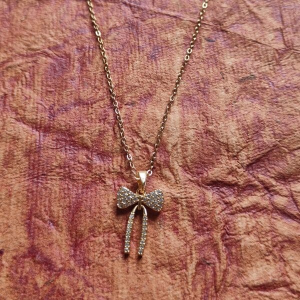 Zircon Bow Pendant Necklace 18K Gold Plated