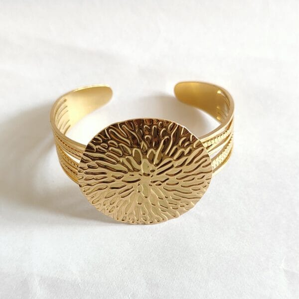 18K gold plated helios sunburst statement cuff bracelet with textured medallion for women 18K gold plated helios sunburst statement cuff bracelet with textured medallion for women